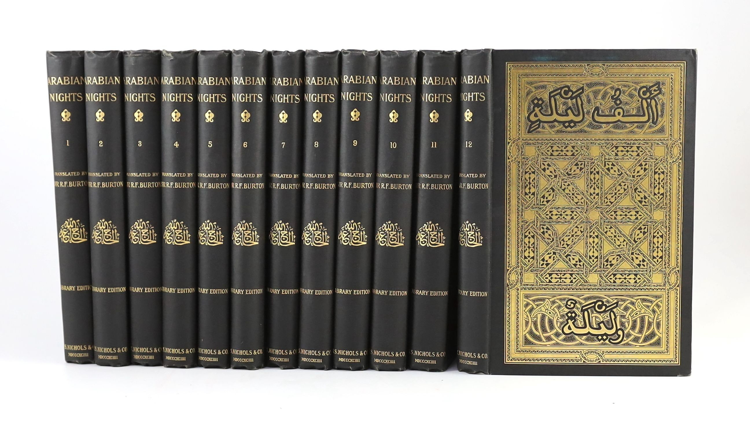 Arabian Nights - The Book of the Thousand Nights and a Night, with Supplemental Nights, Library edition, translated by Sir Richard Burton, 12 vols, 8vo, original cloth, with gilt Arabian design to front boards, contempor